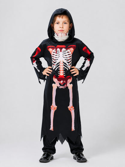 Children’s Grim Reaper Costume with Hood and Skeleton Print on-model view