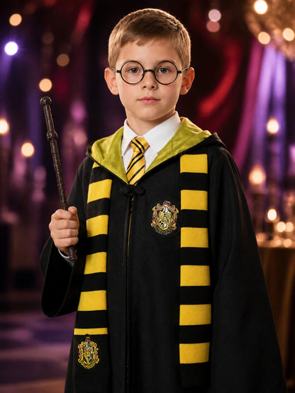 Kids Wizard Robe Costume Set, Black Hooded Cape with Yellow Black Striped Scarf on-model view