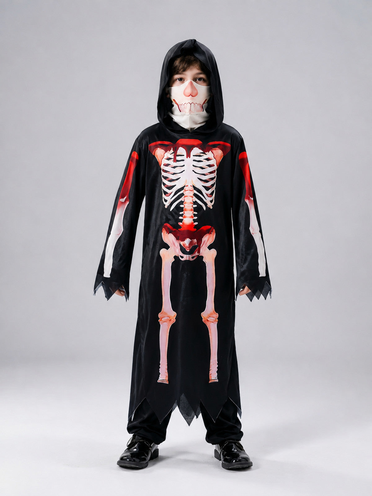 Children's Halloween Death Costume with Skeleton Print on-model view