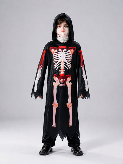 Children's Halloween Death Costume with Skeleton Print on-model view