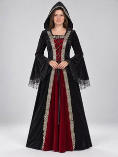 Witch Costume Dress with Hood and Lace Cuffs