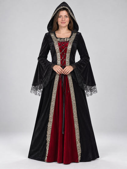 Witch Costume Dress with Hood and Lace Cuffs