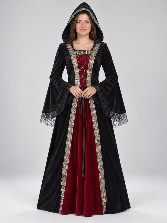 Witch Costume Dress with Hood and Lace Cuffs