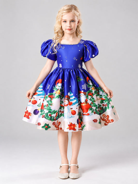 Kids' Holiday Dress with Christmas Print and Bow