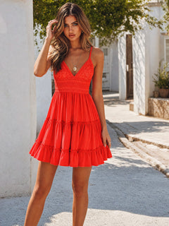 Red Short Dress with Lace Insert and Tie Details