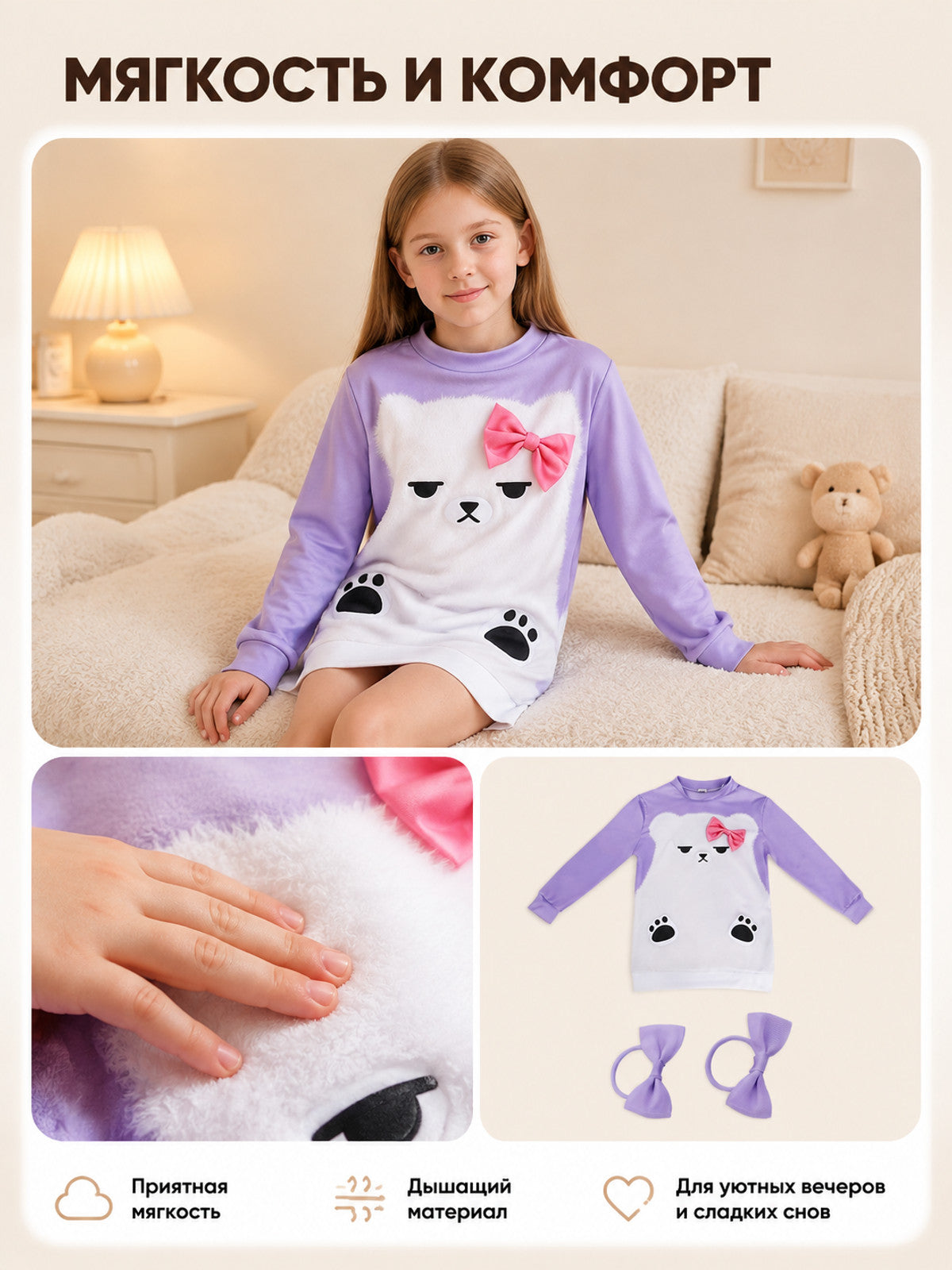 Children's Pajamas with Cartoon Face and Bow on-model view