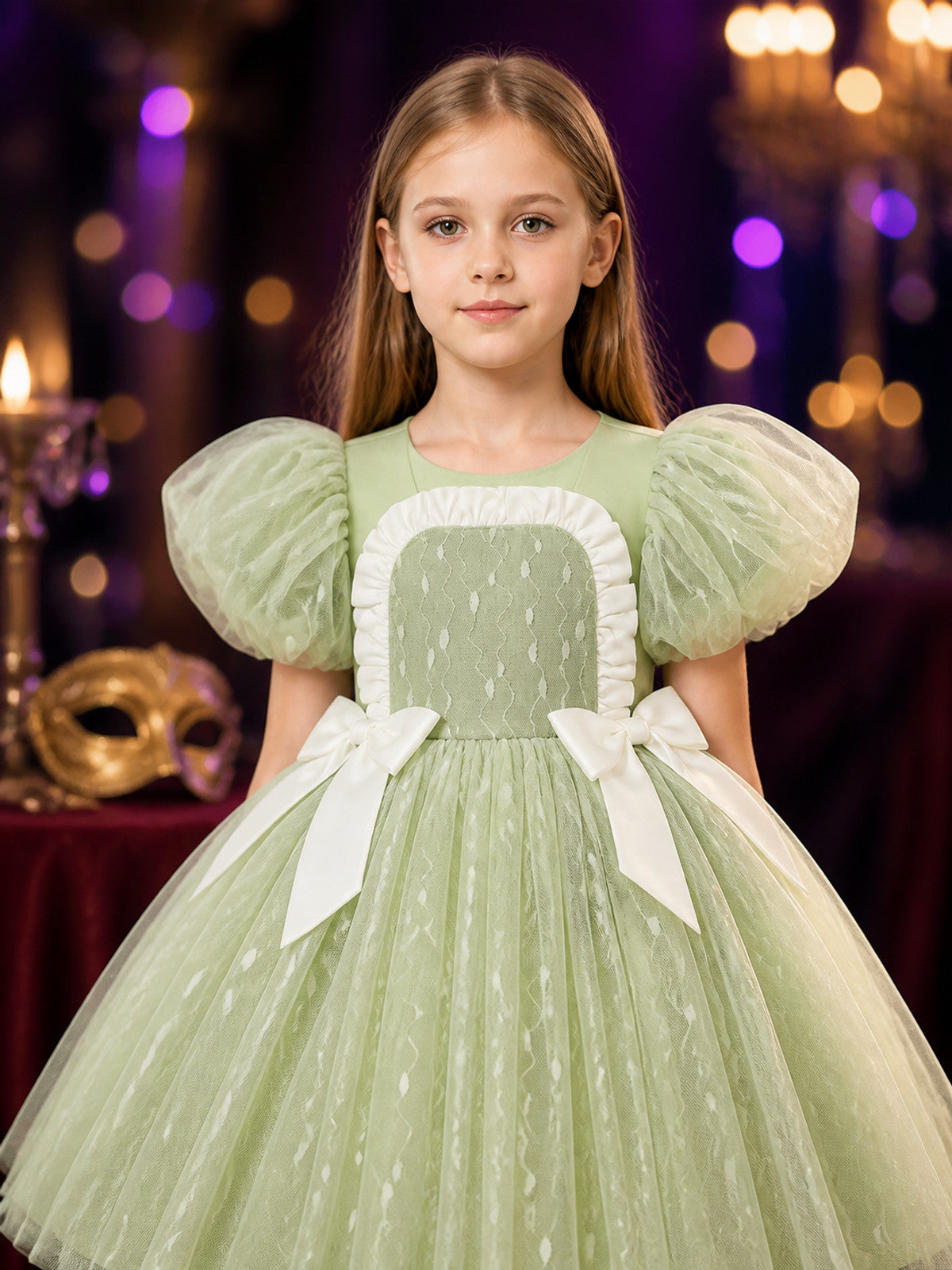 Girls' Light Green Organza Princess Dress, Puff Sleeve Layered Tulle Gown on-model view