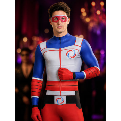 Color Block Superhero Bodysuit Costume with Eye Mask on-model view