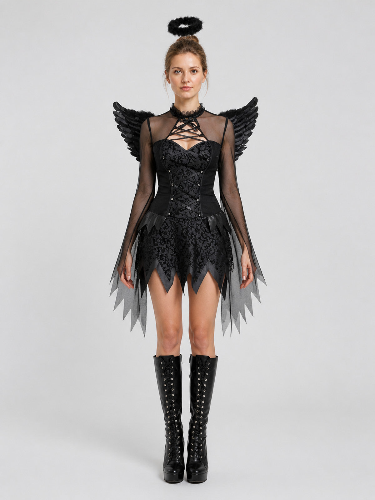 Black Angel Cosplay Costume: Dress, Wings on-model view