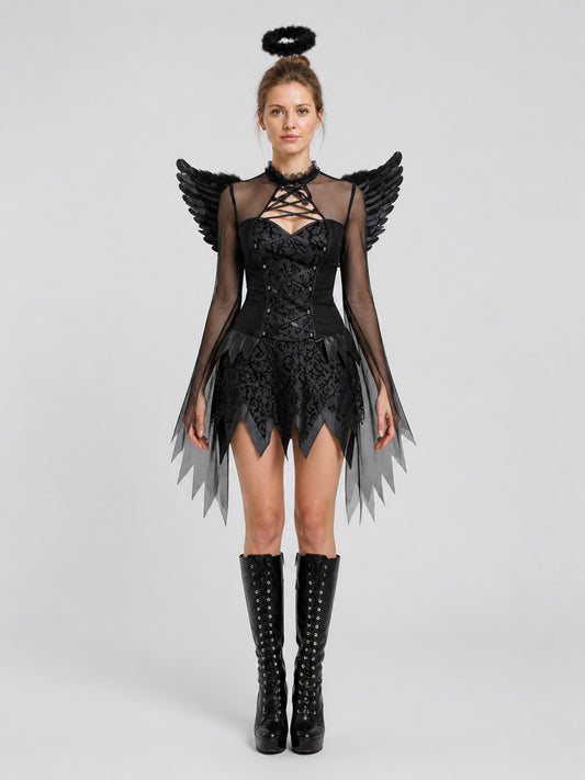 Black Angel Cosplay Costume: Dress, Wings on-model view