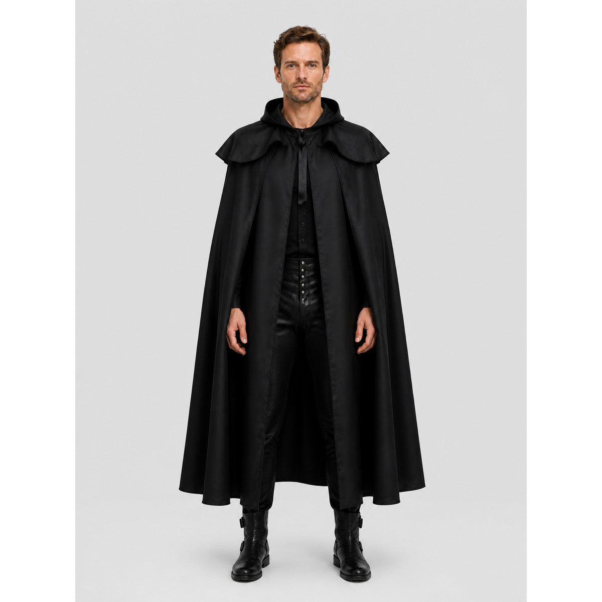 Black Hooded Death Cloak for Halloween, Cosplay on-model view
