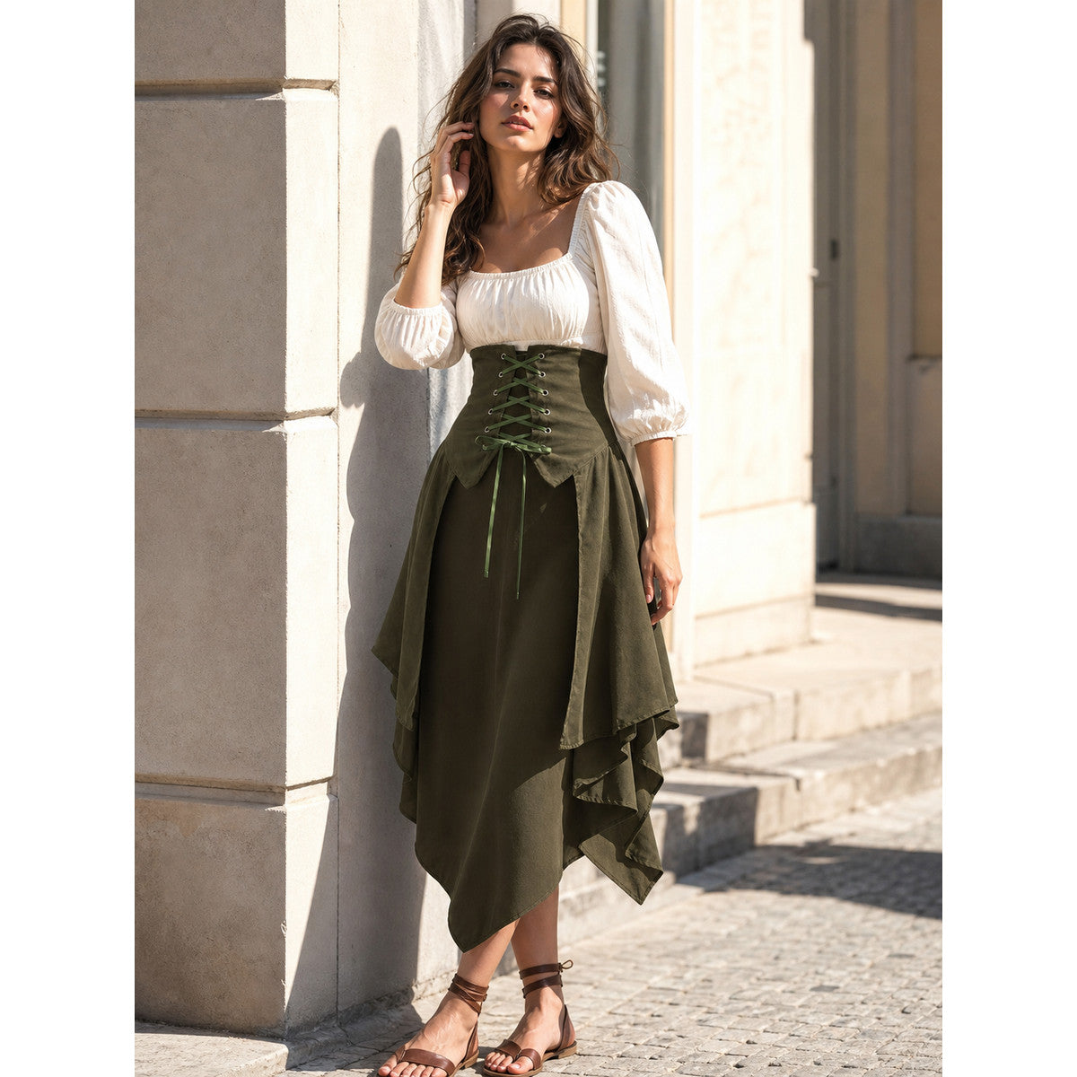 Olive Cape with Layered Panels and Lacing