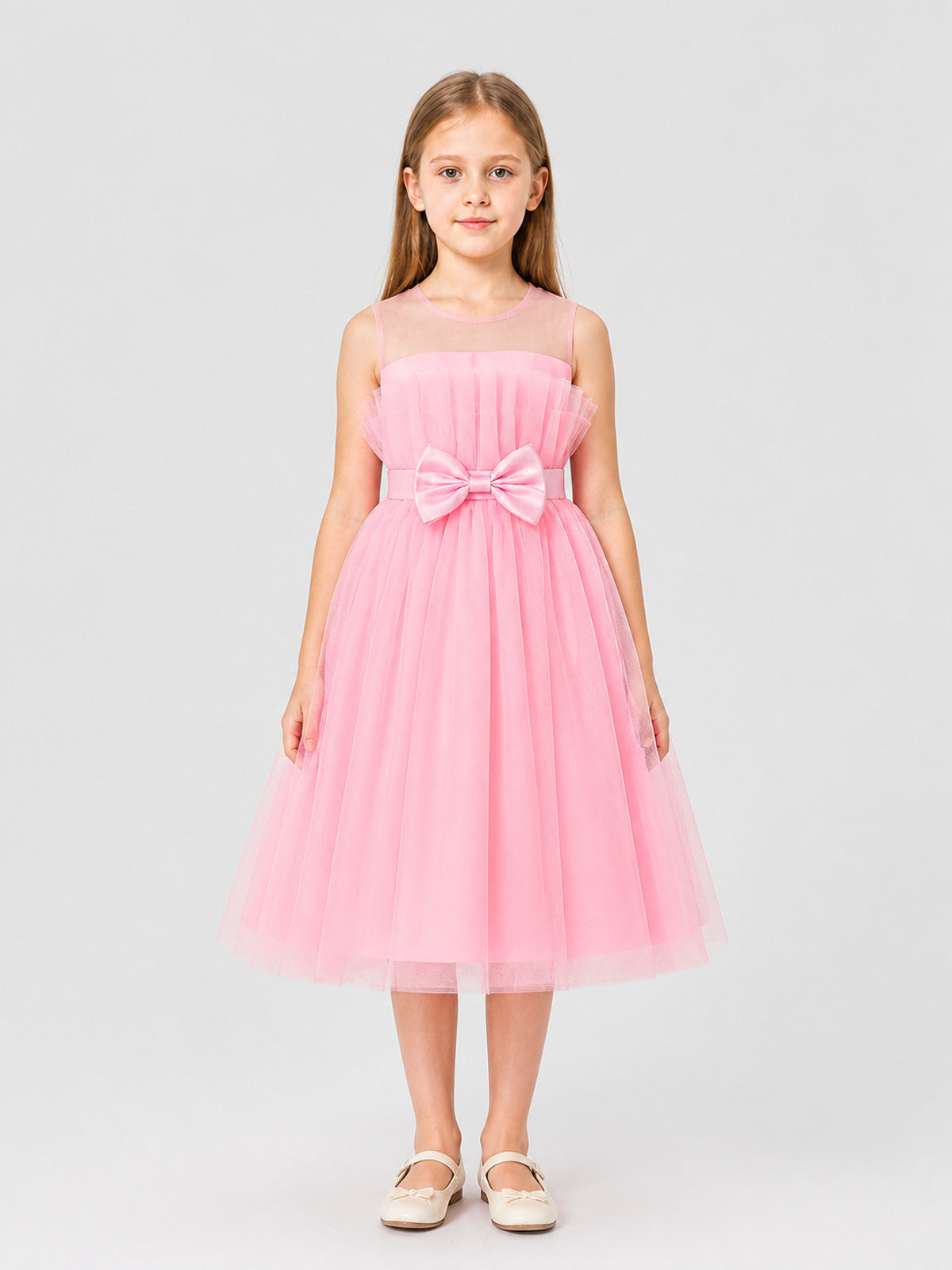 Long Pink Princess Dress with a Bow and Full Skirt on-model view