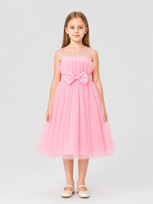 Long Pink Princess Dress with a Bow and Full Skirt on-model view