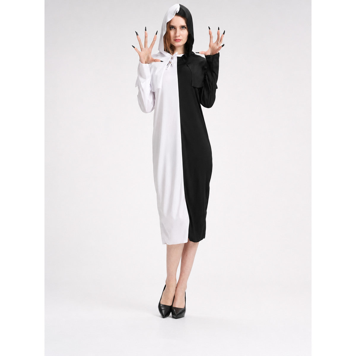 Black-and-White Hooded Carnival Dress on-model view