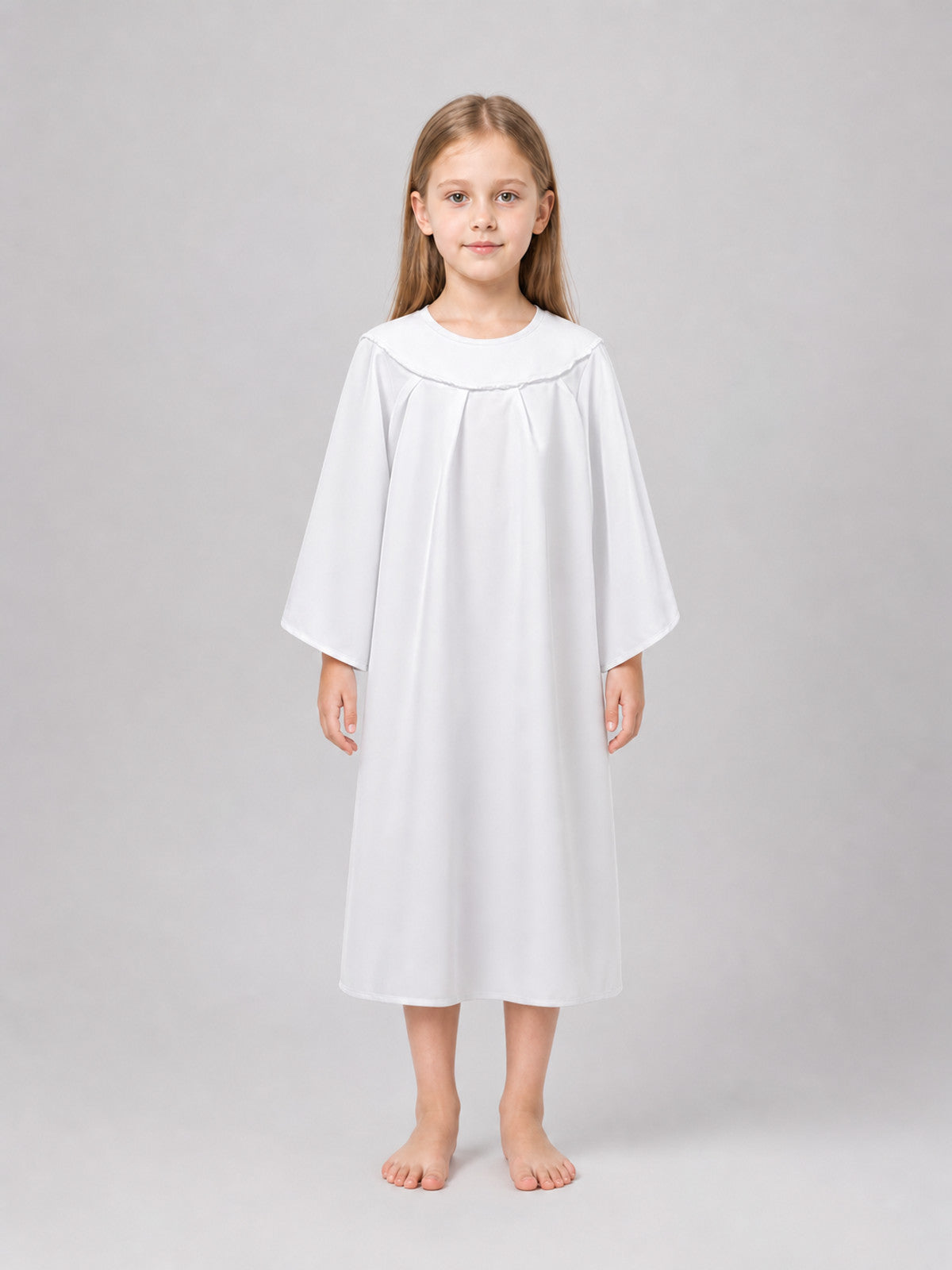 White long-sleeved angel costume robe shown full-body on a child against a plain gray background