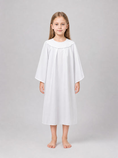 White long-sleeved angel costume robe shown full-body on a child against a plain gray background