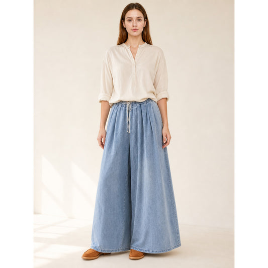 Light Blue Wide-Leg Jeans with Drawstring