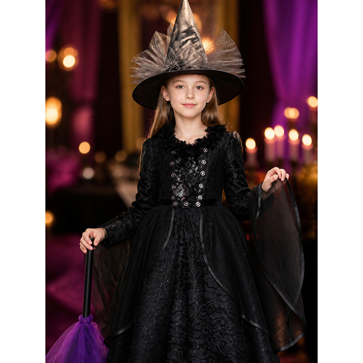 Black Gothic Witch Costume Set with Dress and Hat, Mesh Trim, Halloween Outfit
