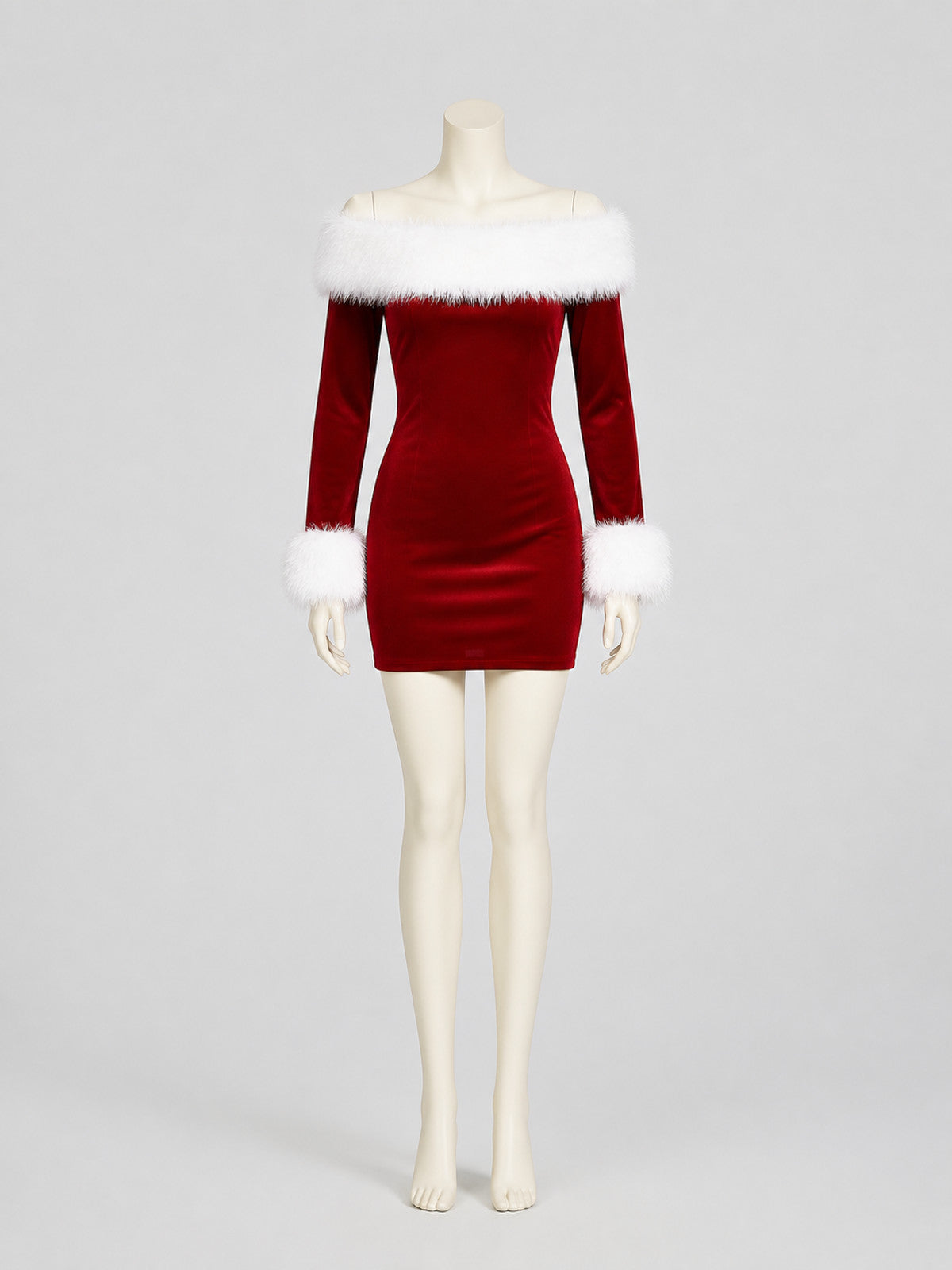 Red Christmas Dress with Fur, Short, Off-the-Shoulder on-model view