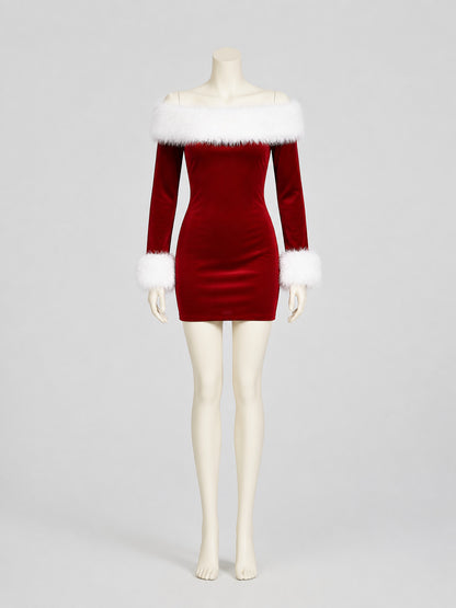 Red Christmas Dress with Fur, Short, Off-the-Shoulder on-model view