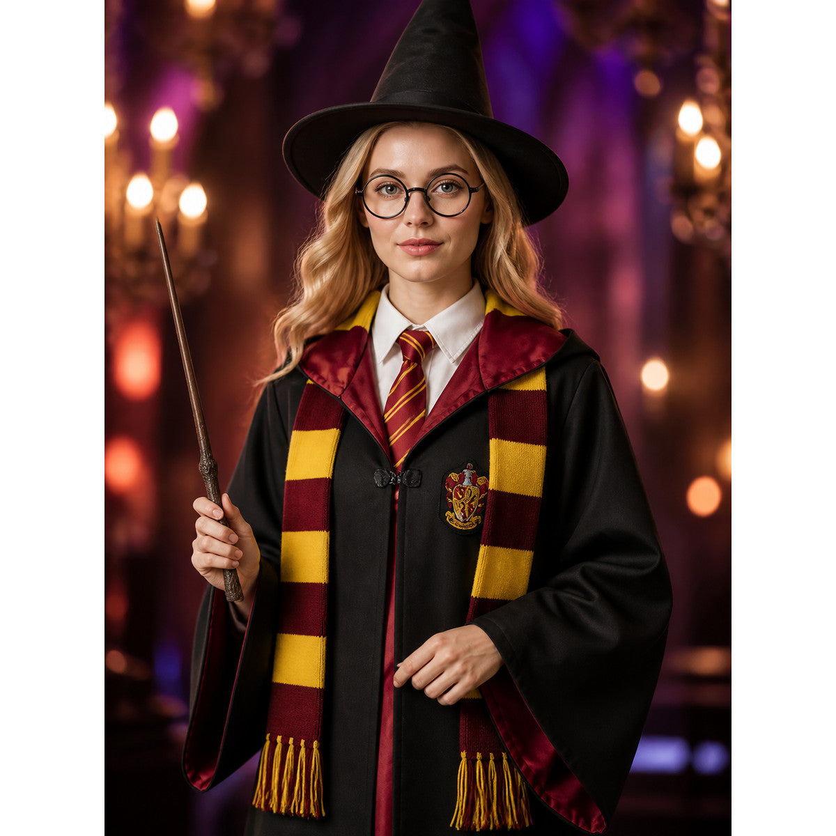 Red and Black Wizard Cosplay Robe Costume Set with Hat, Glasses, Wand, Tie on-model view