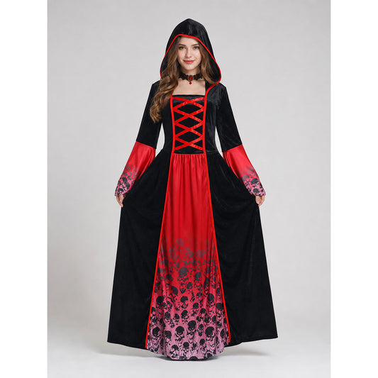 Gothic Hooded Dress, Black and Red Print