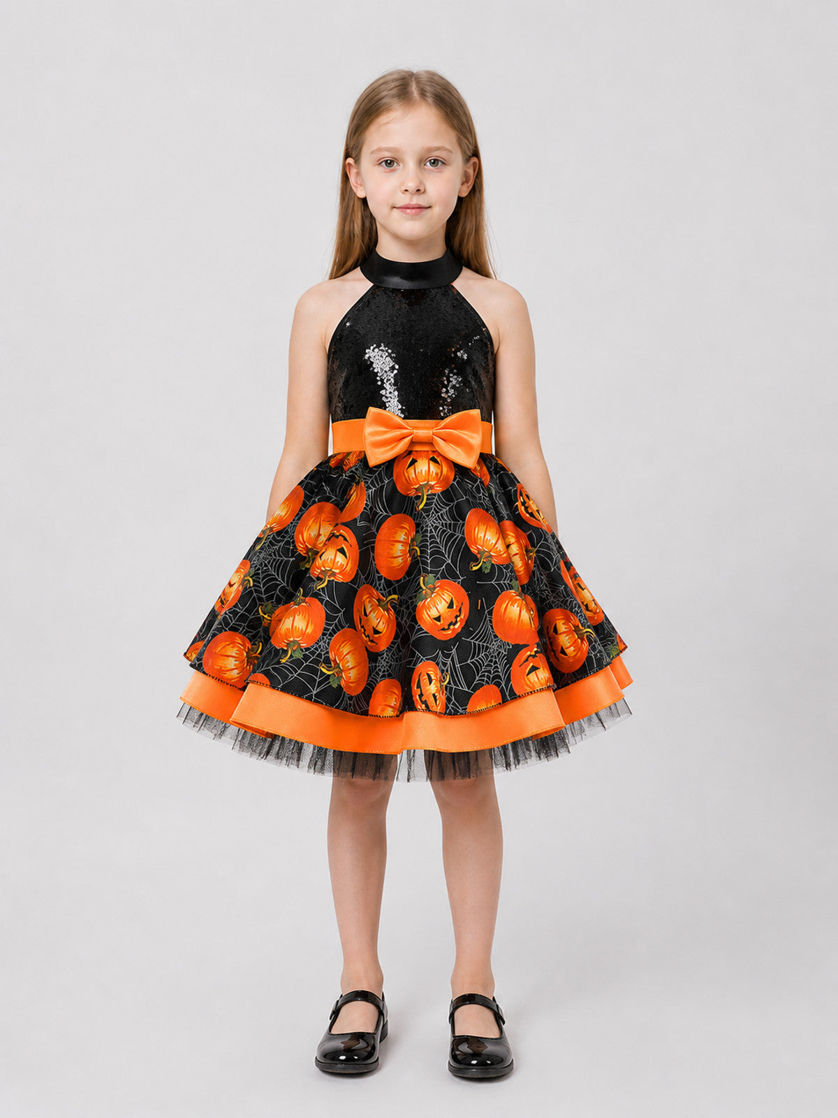 Halloween Dress with Pumpkins and Spiderwebs, Sequins on-model view