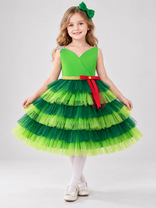 Girls' Festive Mesh Dress with Bow and Star