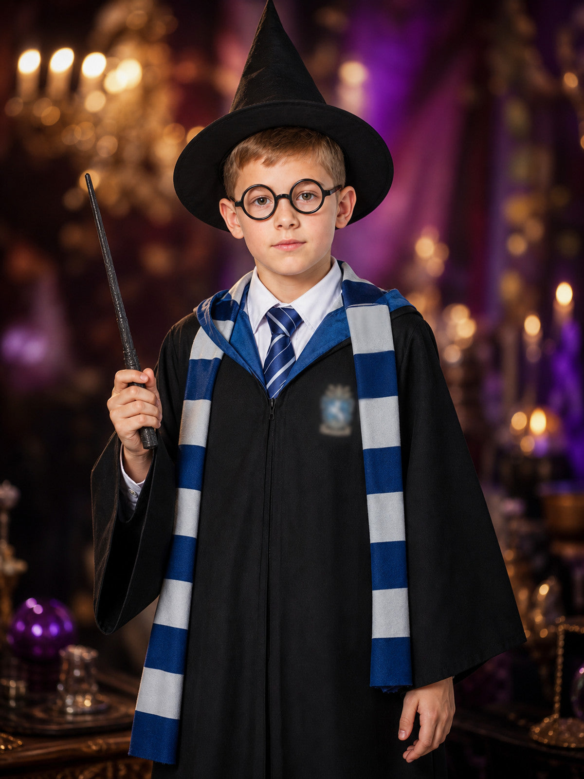 Wizard Costume Set With Robe, Hat, Tie, Scarf, Wand And Round Glasses on-model view