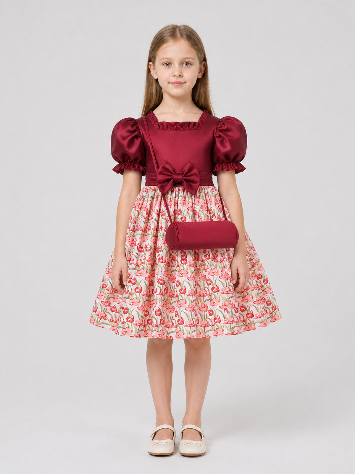 Burgundy Princess Dress with Floral Print and Bow on-model view