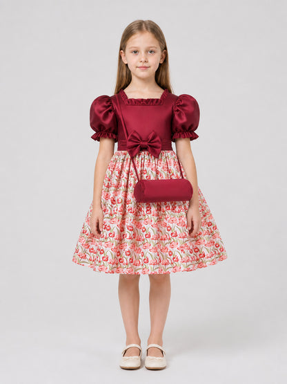 Burgundy Princess Dress with Floral Print and Bow on-model view