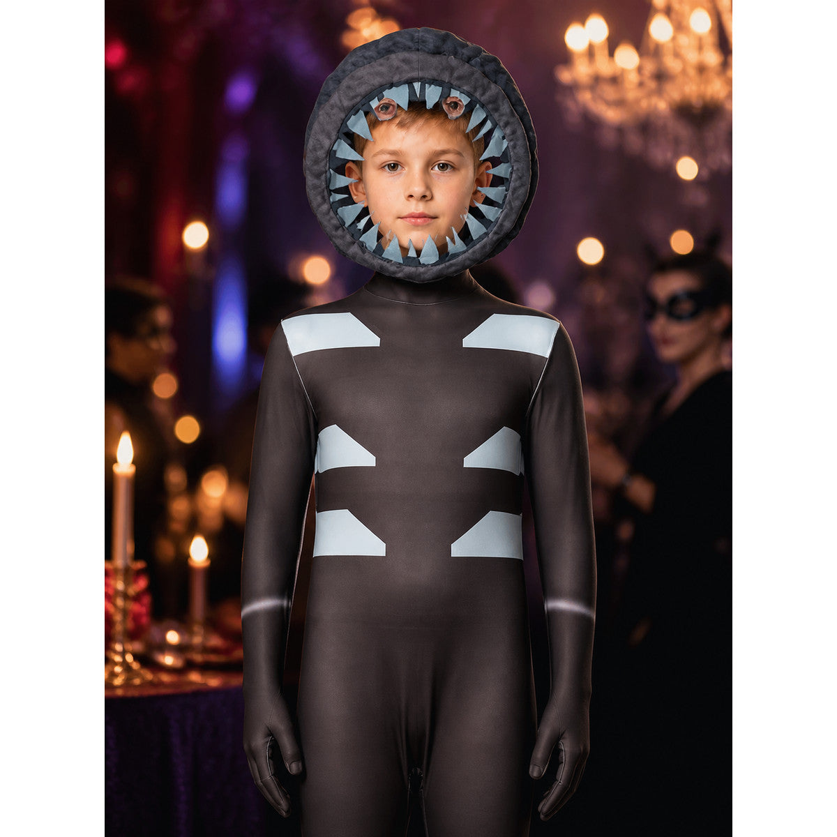 Children's Doors Themed Full Body Bodysuit Costume with Geometric Print Mask on-model view