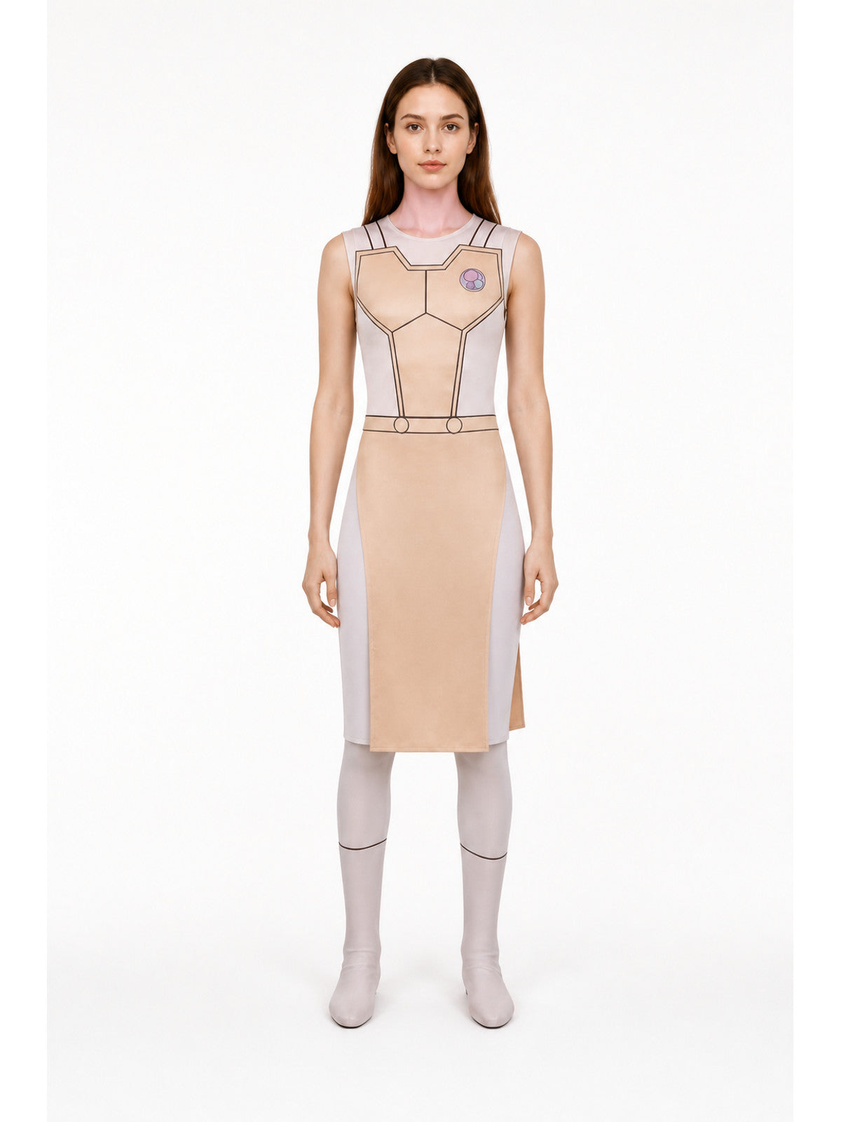 Beige Sleeveless Dress with Geometric Print