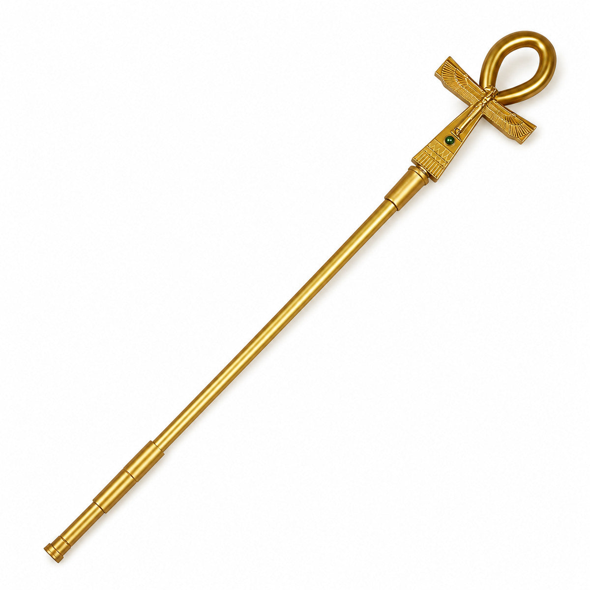 Egyptian Ankh Scepter, Slender Bright Gold Staff With Ringed Cross Top, Green Circle Accent, Fan-Shaped Side Decor And Geometric Relief, Costume Prop