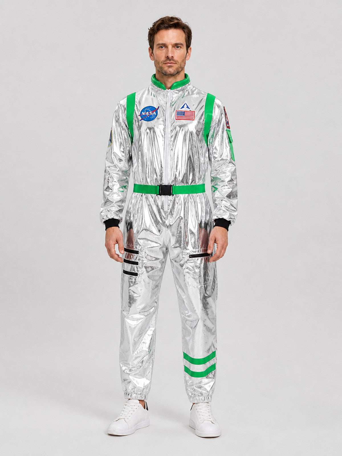 Silver and Green Astronaut Jumpsuit Costume on-model view