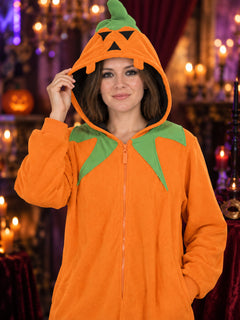 Pumpkin Hooded Costume Jumpsuit, Orange Fleece