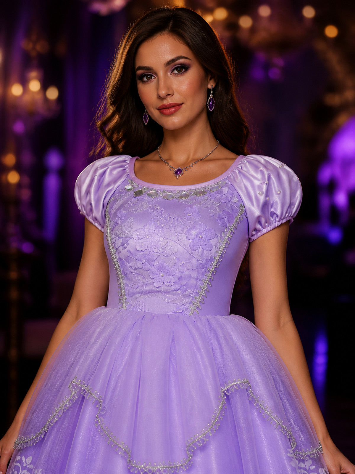 Sofia Princess Costume Set for Girls, White Purple Puffy Dress with Crown and on-model view