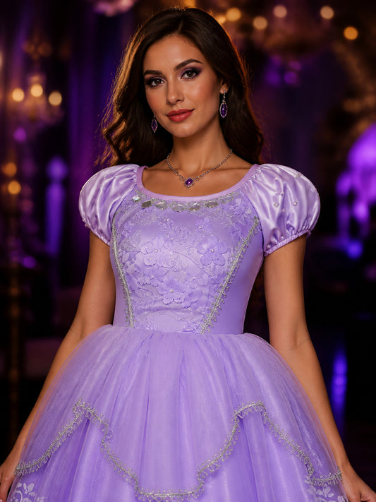Sofia Princess Costume Set for Girls, White Purple Puffy Dress with Crown and on-model view