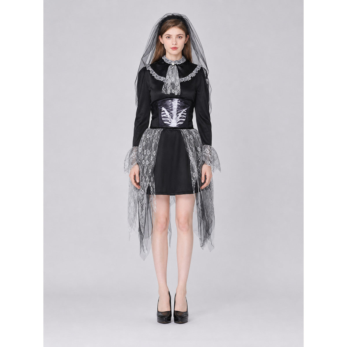 Gothic carnival dress with veil, black