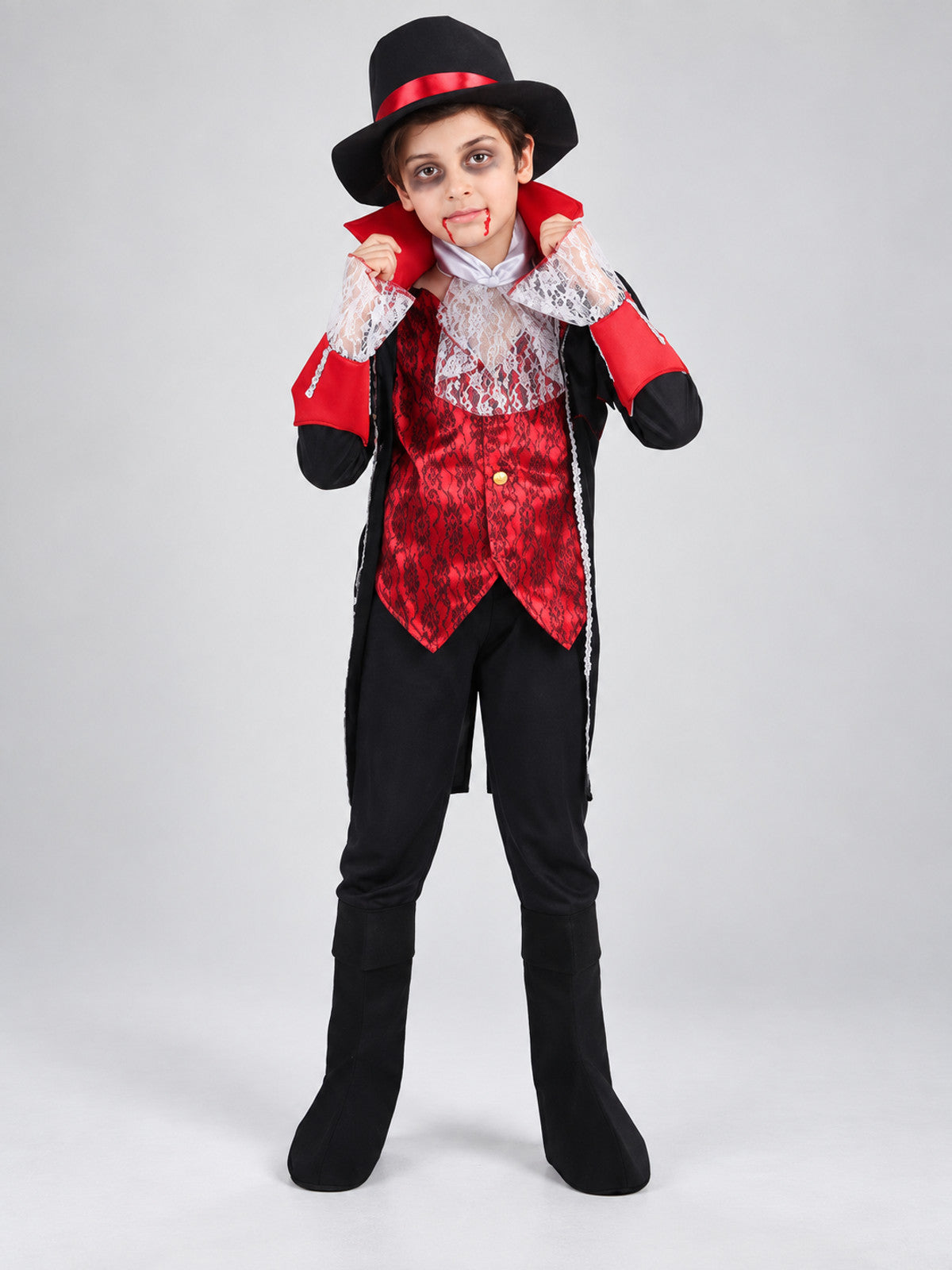 Gothic-Style Vampire Carnival Costume with Hat on-model view
