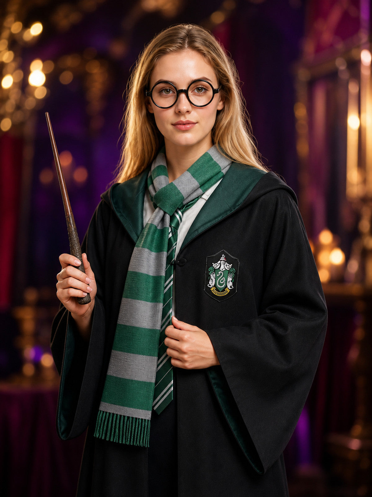 Hooded Wizard Robe Costume Set with Scarf, Tie, Wand and Glasses, Black and on-model view