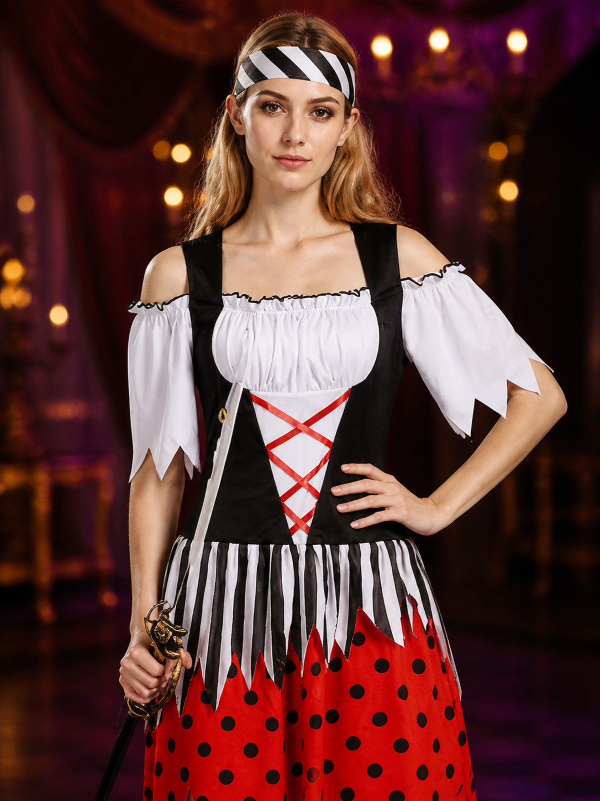 Pirate Carnival Costume, Red Dress with Corset, Halloween on-model view