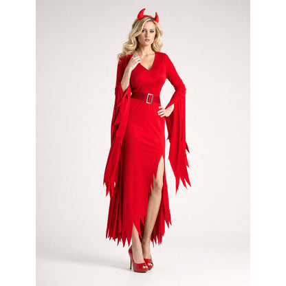 Devil Carnival Costume: Red Dress with Horns on-model view