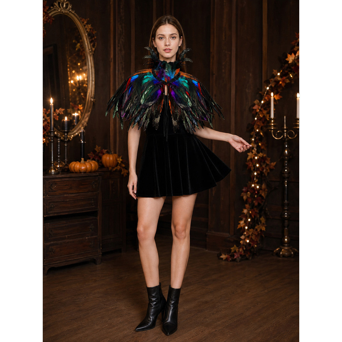Halloween Costume, Multicolor Feather Cape, 3-Layer Feather Shawl with Upright Collar and Center Tie, Open Front Shoulder Wrap for Stage Performance