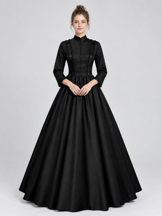 Black Gothic-Style Floor-Length Dress with Ruffles