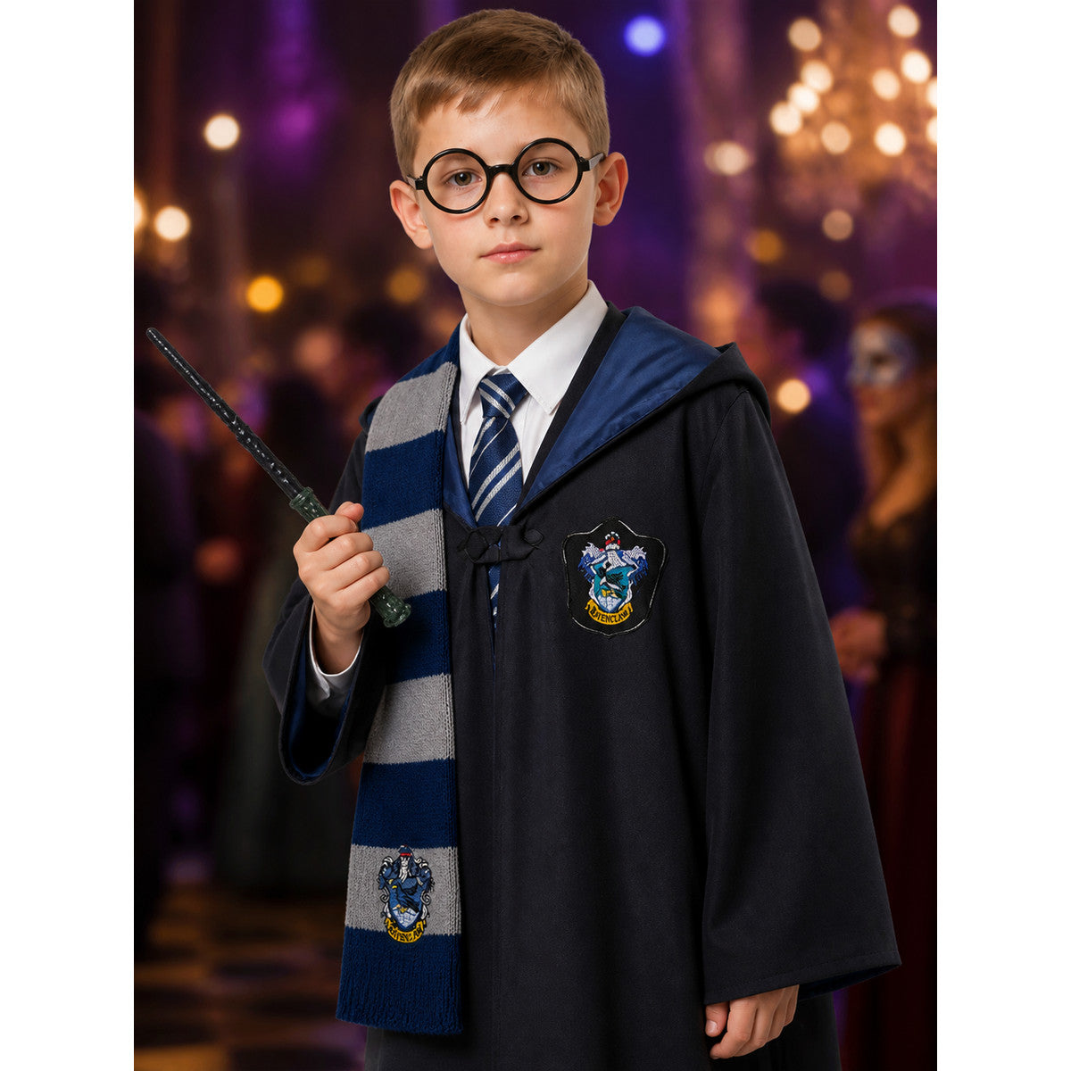 Kids Wizard Costume Set, Long Black Robe With Shawl Collar, Includes Tie, Scarf on-model view