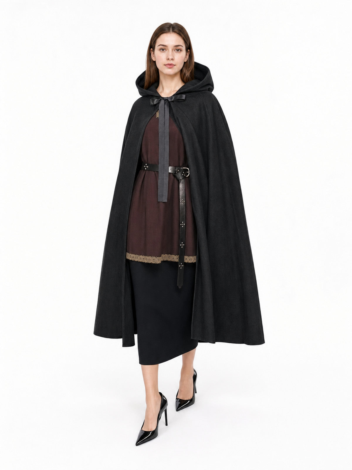 Black hooded cloak shown full-body on a model, with a bow tie closure and long flared panels