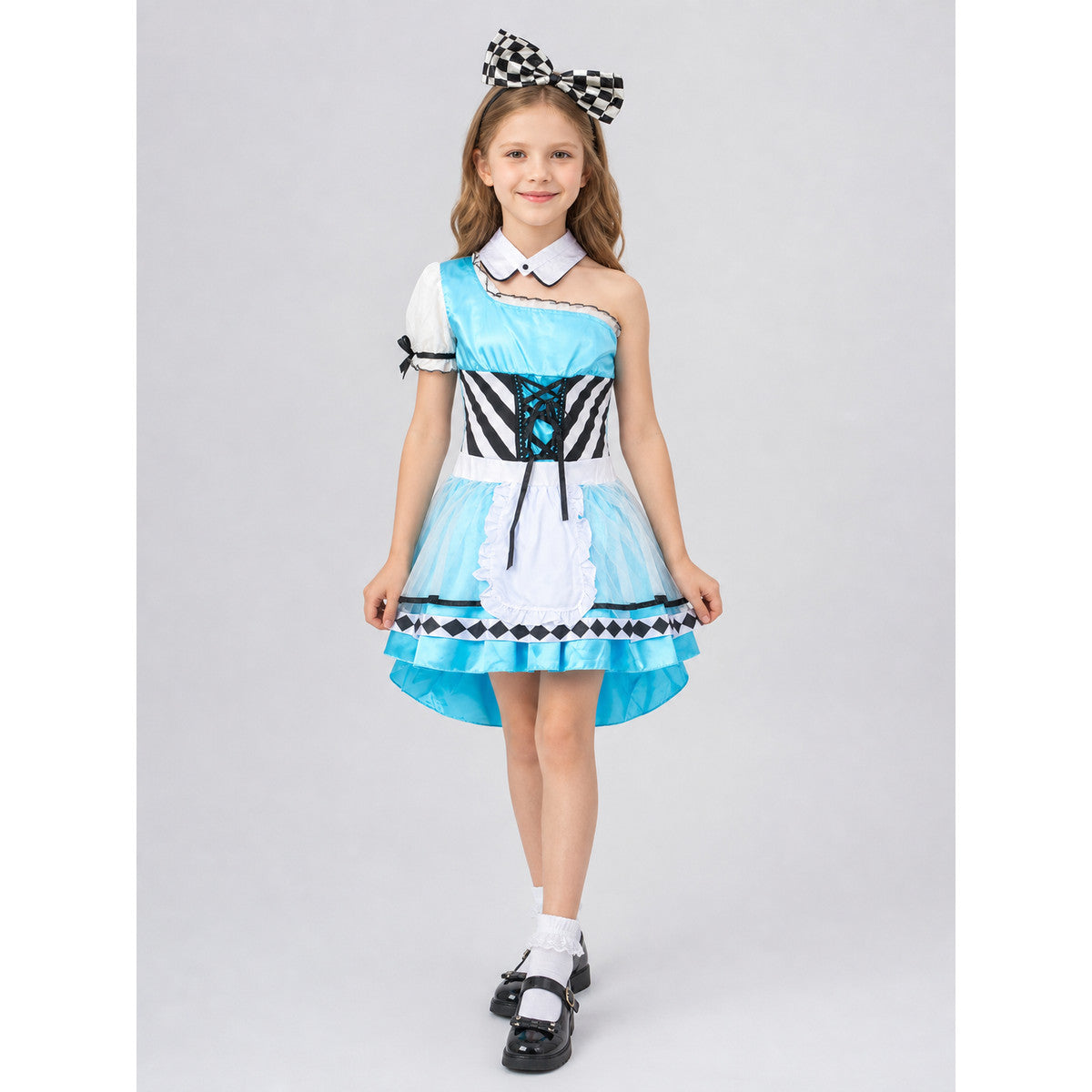 The set is designed as a cosplay dress with decorative princess-style details and includes a dress, a separate collar accessory, and a headband with a bow. The look is centered around a light blue dress with a full, layered skirt and a whit