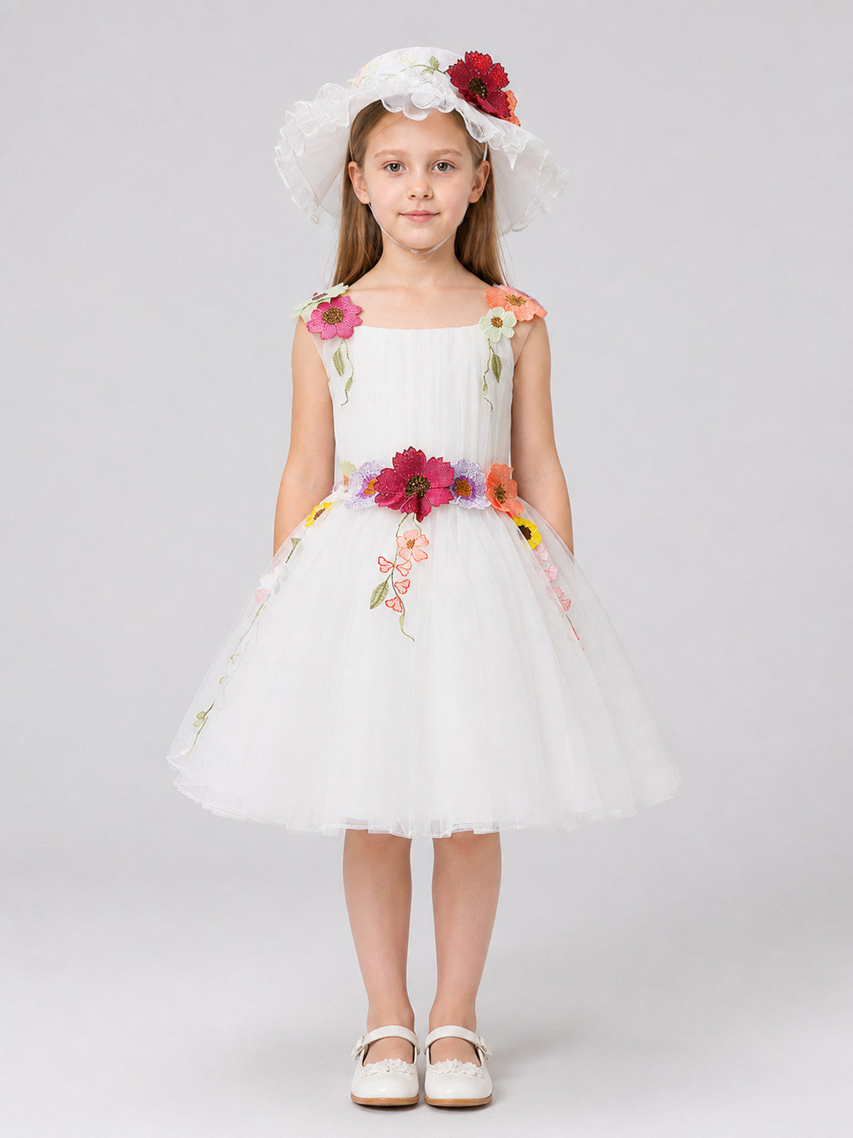 Full White Dress with Floral Details, Ages 4–8 on-model view